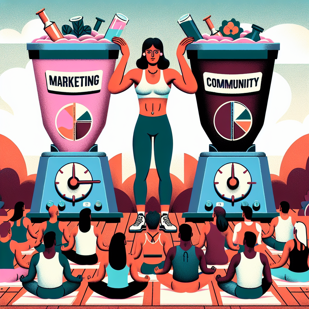 A woman mixes ingredients labeled marketing and community with an audience of diverse individuals in front of her, symbolizing community and engagement for lululemon's marketing mix.