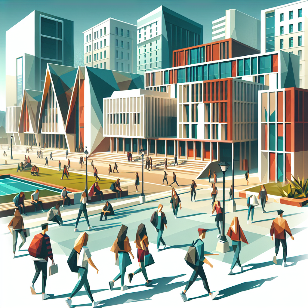 Impressionist-style illustration of a bustling university campus, showcasing students and modern, colorful buildings