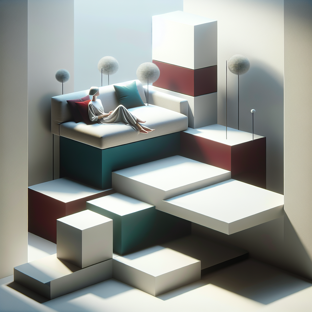 Abstract geometric shapes forming a stair-like structure with a figure relaxing on a sofa, surrounded by spherical topiary-like elements, representing modern marketing techniques