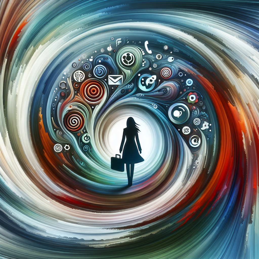 Abstract image of a human figure standing at the entrance of a swirling vortex filled with marketing symbols