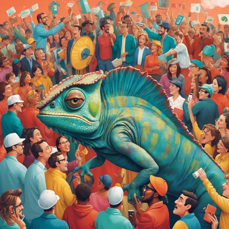 Illustration of a colorful chameleon towering over a diverse crowd of people, symbolizing identity-based marketing in a playful way.