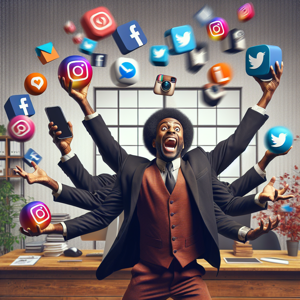 Businessman juggling multiple social media icons, expressing the challenges of managing various platforms