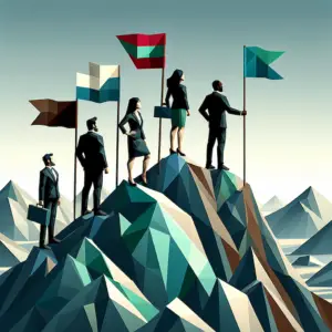 Illustration of business professionals with flags atop a stylized polygonal mountain, symbolizing strategic achievement in marketing