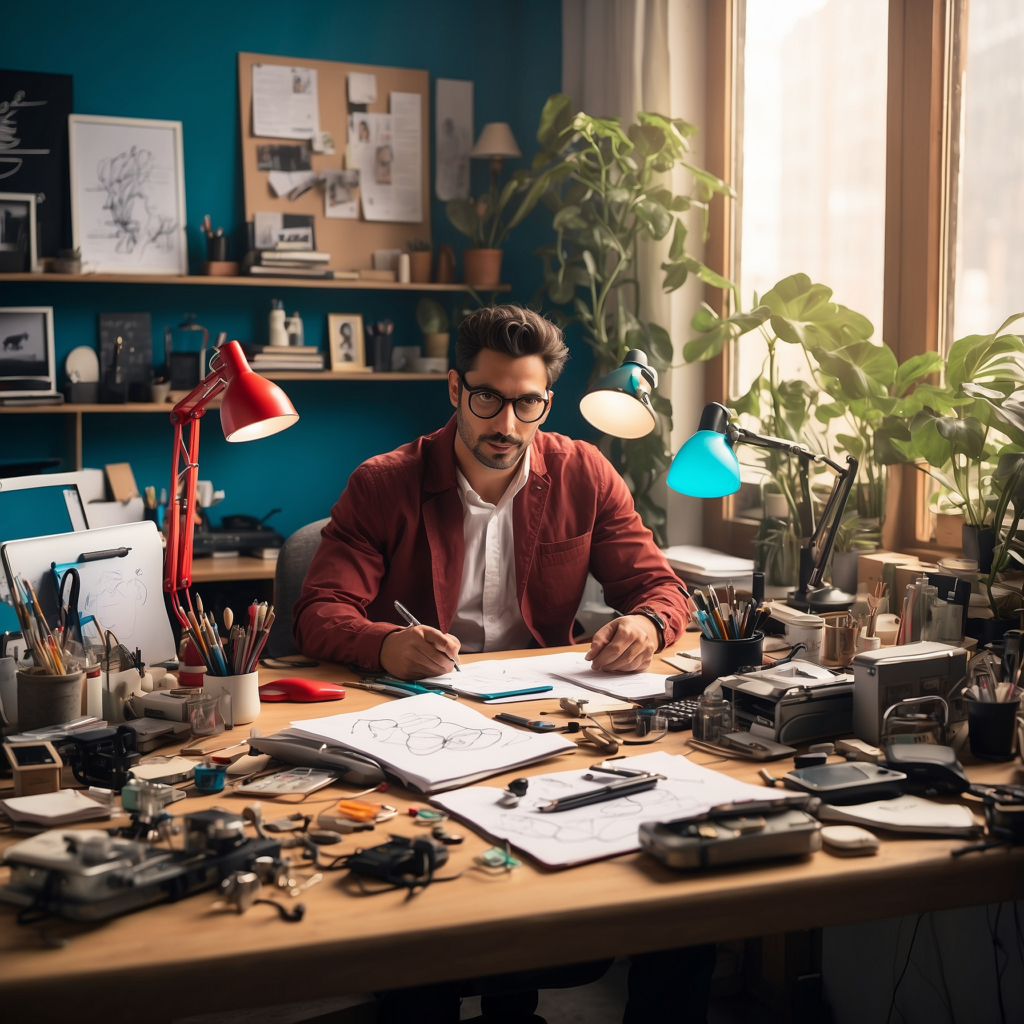 Entrepreneur working in a creative office space surrounded by business tools