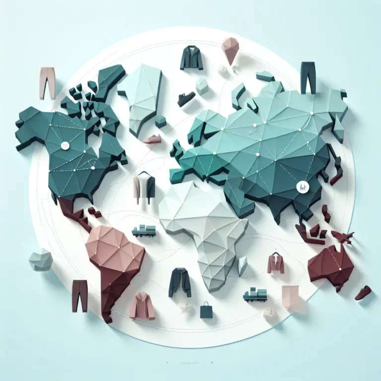 Stylized world map in pastel colors depicting various clothing items and transportation symbols, symbolizing global supply chain management