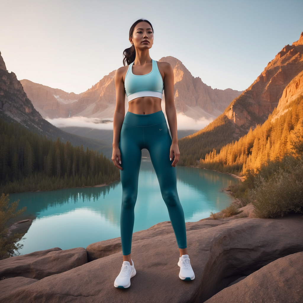 Woman in athleisure wear standing confidently at a scenic mountain lake