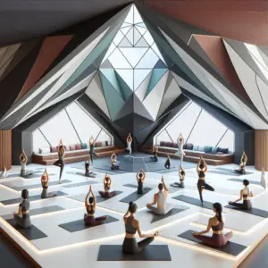 Futuristic low-poly yoga studio with diverse participants practicing yoga, symbolizing lululemon's innovative approach to athleisure design