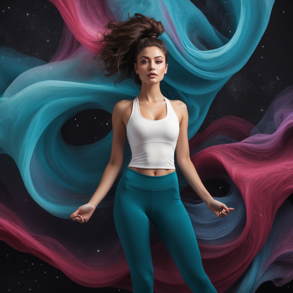 Woman in lululemon athleisure wear surrounded by swirling colors representing luxury and quality