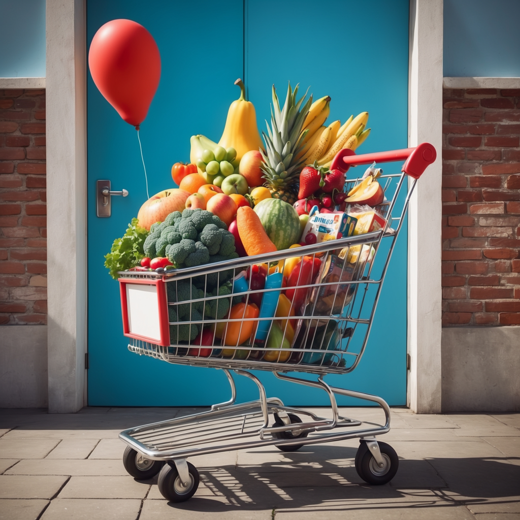 Colorful groceries overflowing a shopping cart with a red balloon tied to the handle, set against a vibrant blue wall