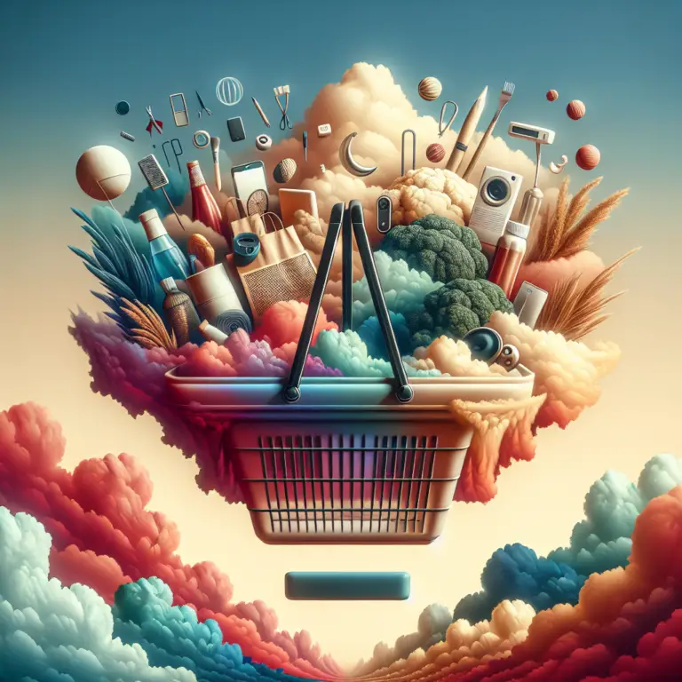 Colorful illustration of a shopping basket floating amidst vibrant clouds, filled with a variety of household and food items representing Tesco's diverse product range