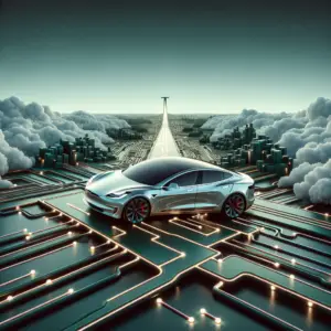 Stylized Tesla vehicle on a futuristic electric circuit board pathway, surrounded by cloud-covered cityscapes