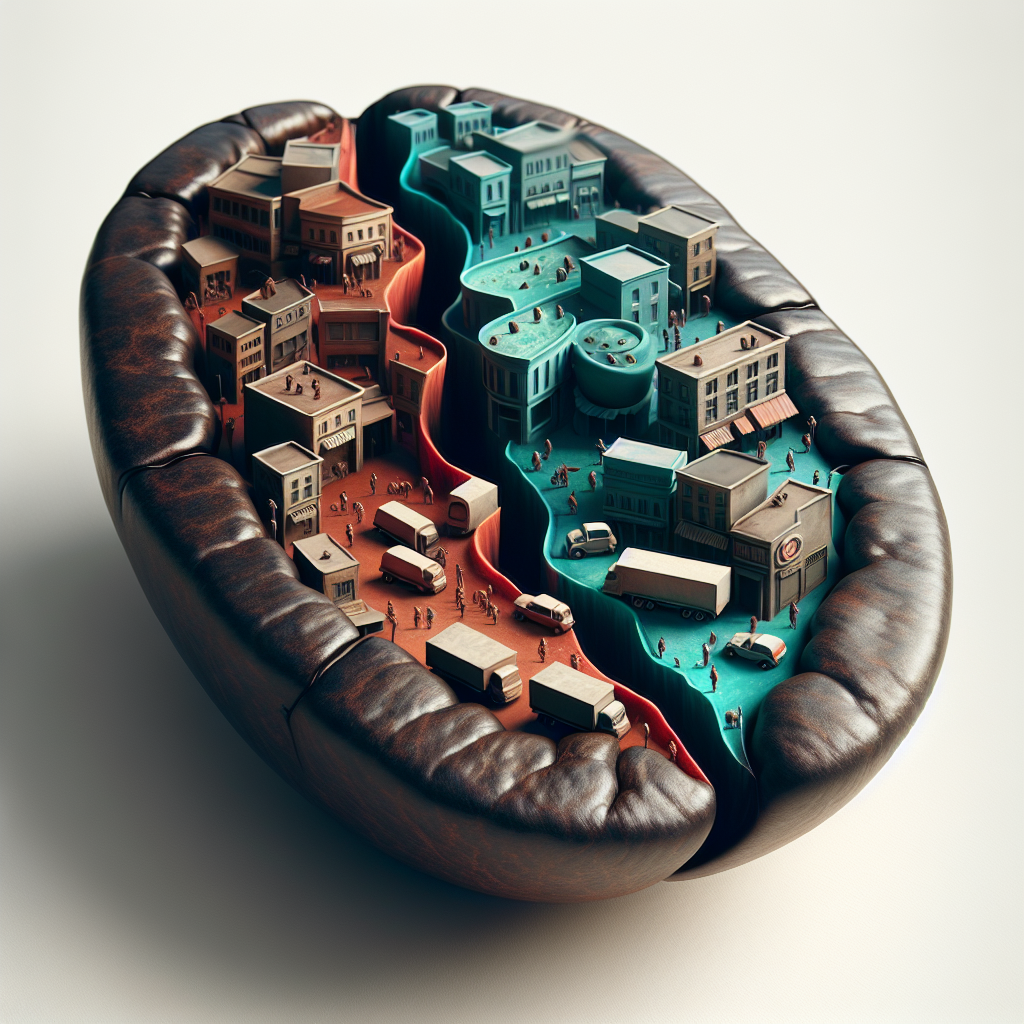 Surreal artwork depicting a cityscape with various buildings and activities molded within a giant coffee bean