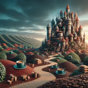 Enchanting fantasy castle surrounded by vibrant hills made of coffee beans, with giant cups of coffee strategically placed, symbolizing the expansive and magical Starbucks supply chain.