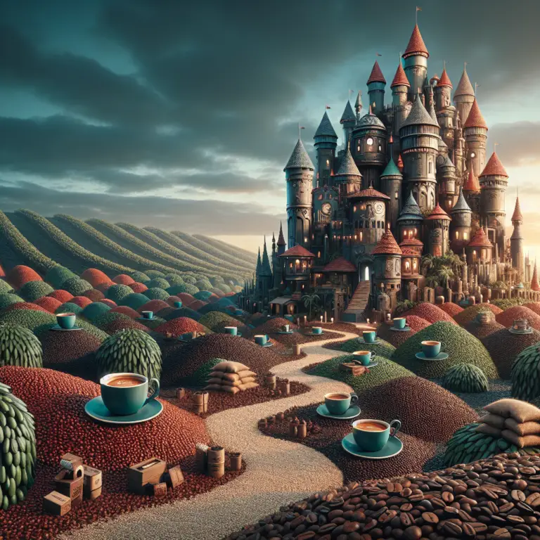 Enchanting fantasy castle surrounded by vibrant hills made of coffee beans, with giant cups of coffee strategically placed, symbolizing the expansive and magical Starbucks supply chain.