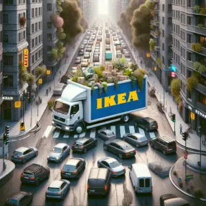 Illustration of a large IKEA delivery truck navigating through a congested city street, humorously oversized and filled with plants and furniture protruding from the back