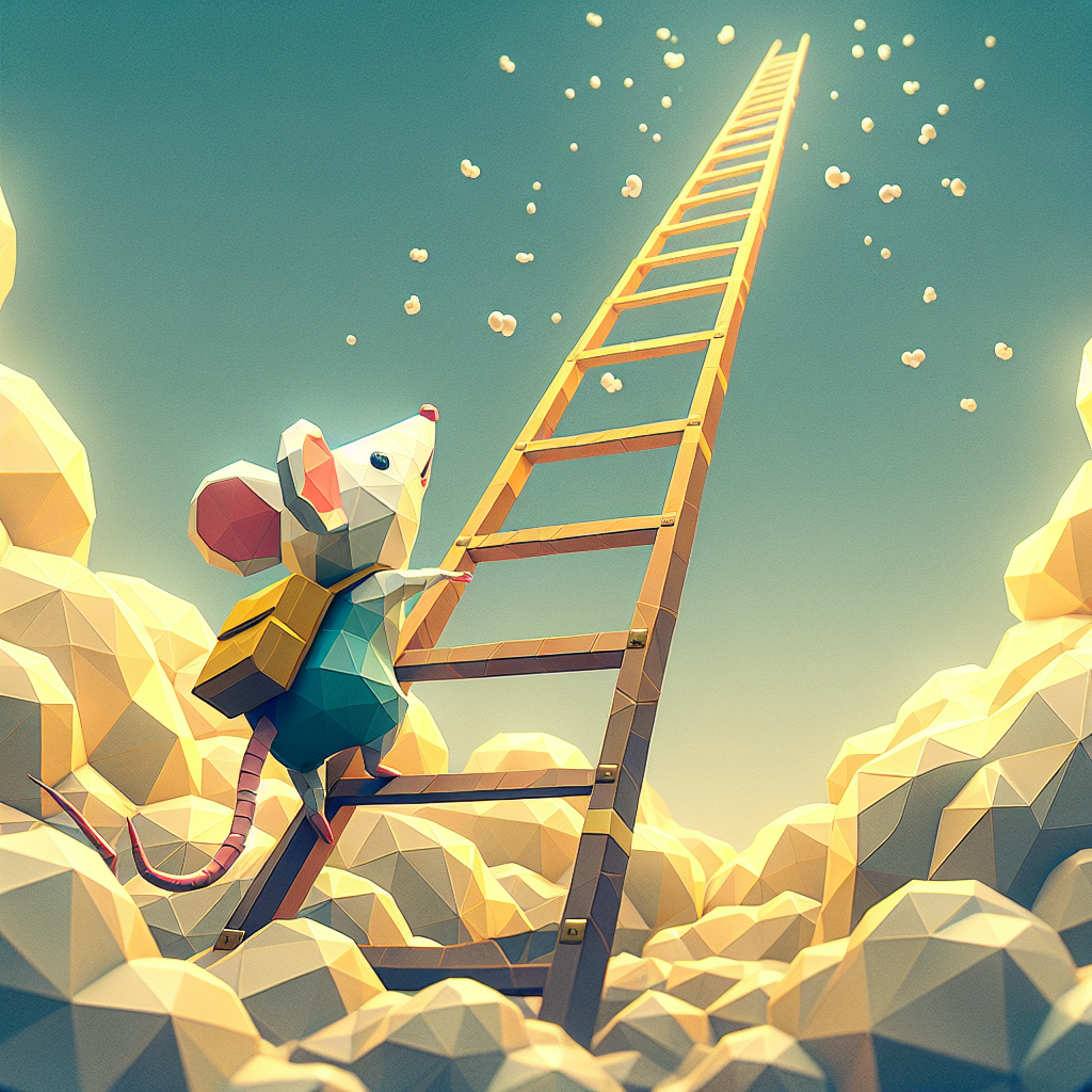 Illustration of a mouse climbing a ladder reaching towards the sky amidst a geometric landscape