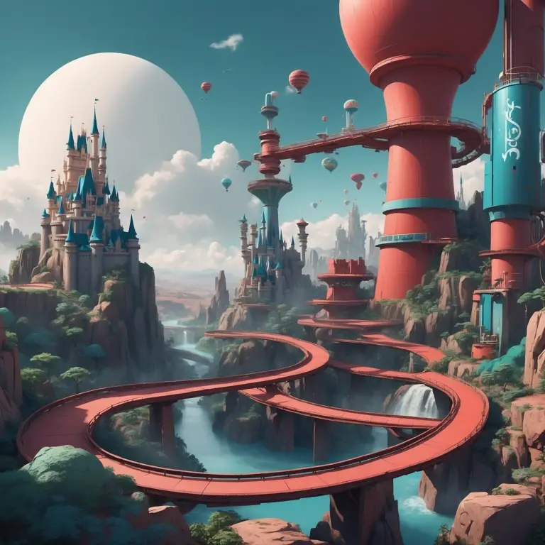 Illustration depicting a fantastical landscape with intertwining roads and whimsical architecture under a large moon