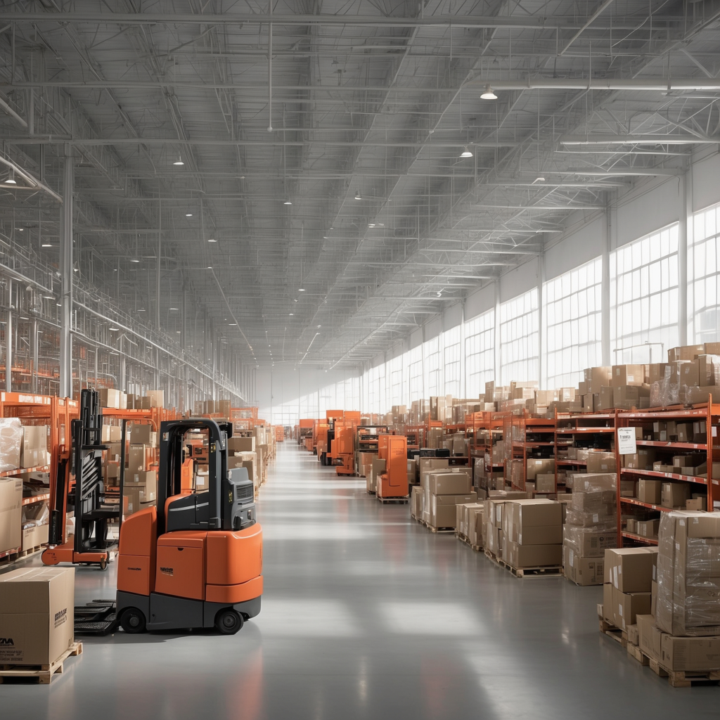 Spacious and organized Home Depot distribution center, featuring forklifts and neatly arranged shelves full of products