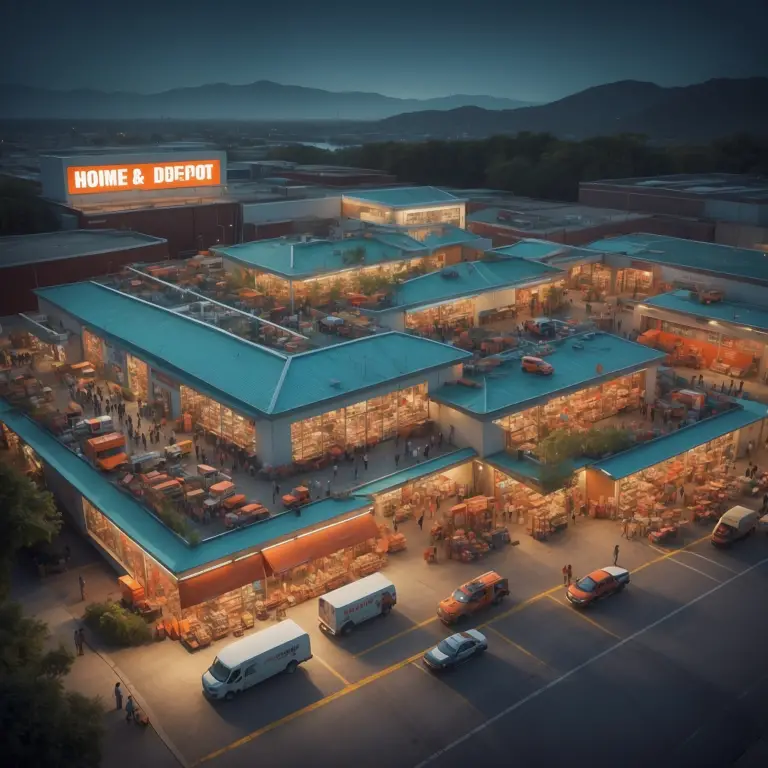 Illustrative image of Home Depot’s extensive warehousing and logistics operations with a bustling hive of activity at sunset, highlighting the efficiency and scale of its supply chain.