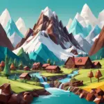 Surreal low-poly illustration representing a village at the base of chocolate-like melting mountains, symbolizing the complexities in Nestlé's ethical and sustainable supply chain