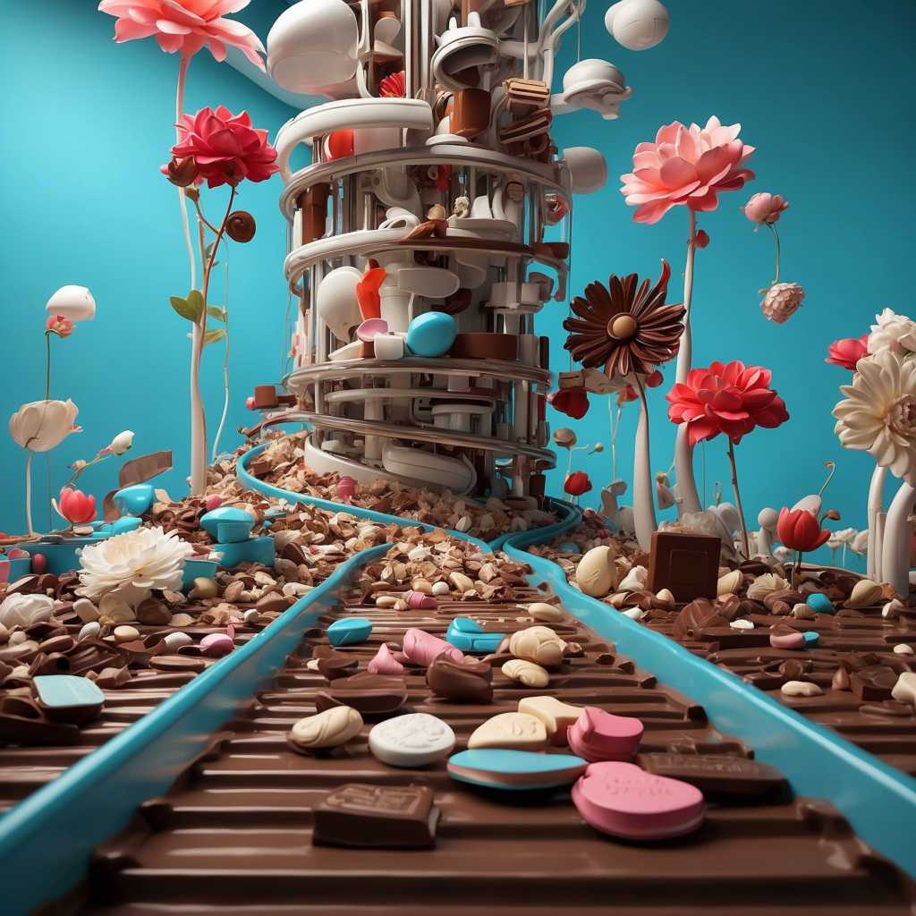 Surreal image depicting a whimsical supply chain with chocolate bars as conveyor belts surrounded by oversized flowers and various objects symbolizing transformation and sustainability in supply management.