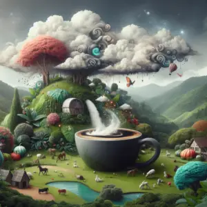 Fantasy landscape featuring a gigantic coffee cup in a lush, vibrant valley with whimsical cloud formations and diverse flora and fauna