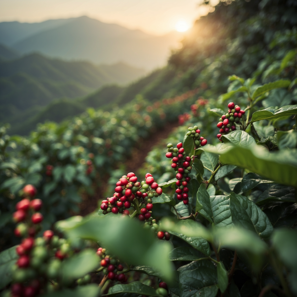 Lush coffee farm at sunset with ripe coffee cherries in the foreground and mountainous terrain in the background