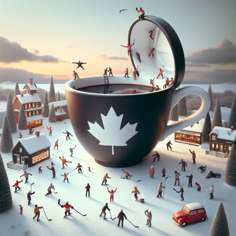 Illustration of a giant coffee cup in a winter landscape, filled with lively Canadian activities like hockey and figure skating, adorned with a maple leaf symbol