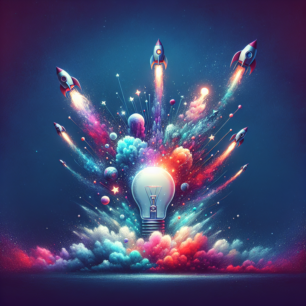 A vibrant illustration of a light bulb with rockets and celestial bodies bursting out, symbolizing innovation and the startup journey.