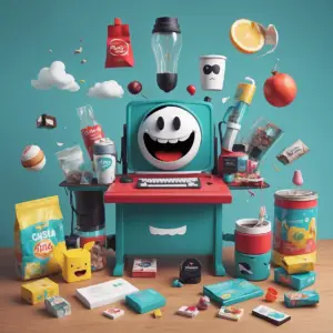 Colorful illustration of an animated computer character surrounded by a variety of products and marketing materials