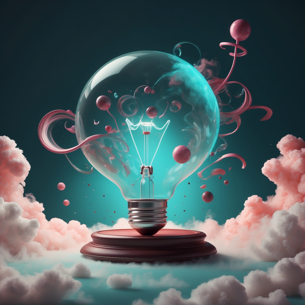 Surreal image of a light bulb with whimsical elements floating around it, set against a sky with clouds