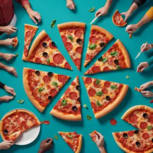 Multiple hands taking slices of a large segmented pizza with various toppings on a teal background, illustrating market segmentation