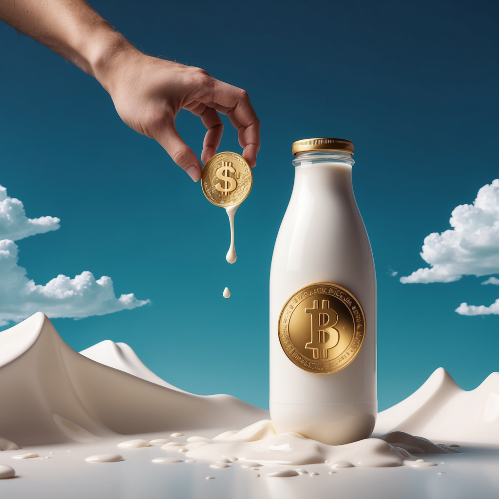 A surreal image showing a hand dropping a gold coin with a dollar sign into a milk bottle labeled with a Bitcoin symbol, against a scenic backdrop of white milk waves and blue sky.