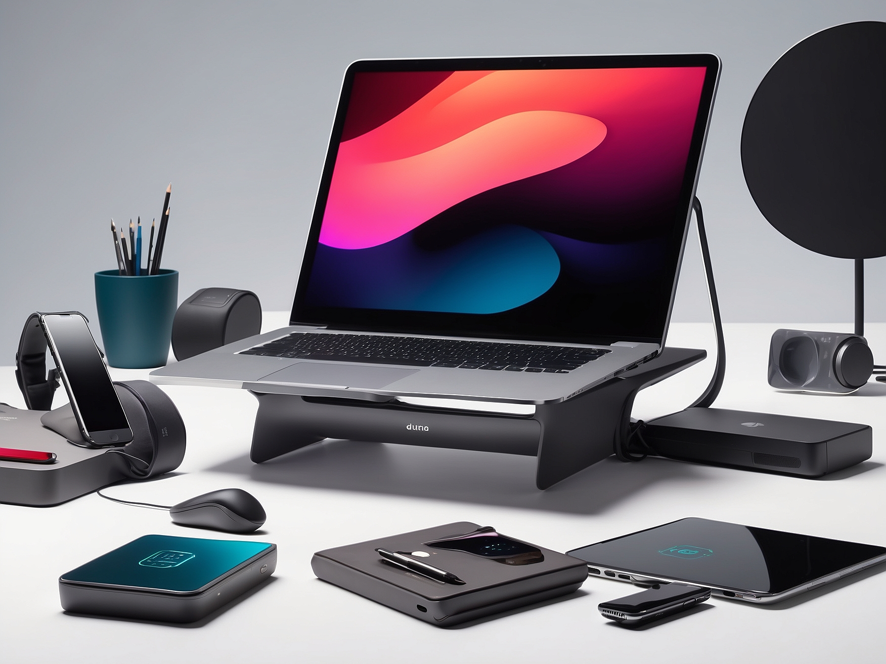 Assortment of high-end tech devices including a laptop, smartphone, and external gadgets displayed together