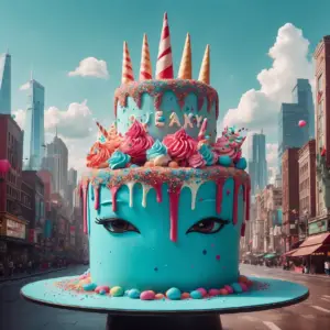 A whimsical cake with a face and colorful decorations in an urban setting, symbolizing price skimming strategy in a vibrant market