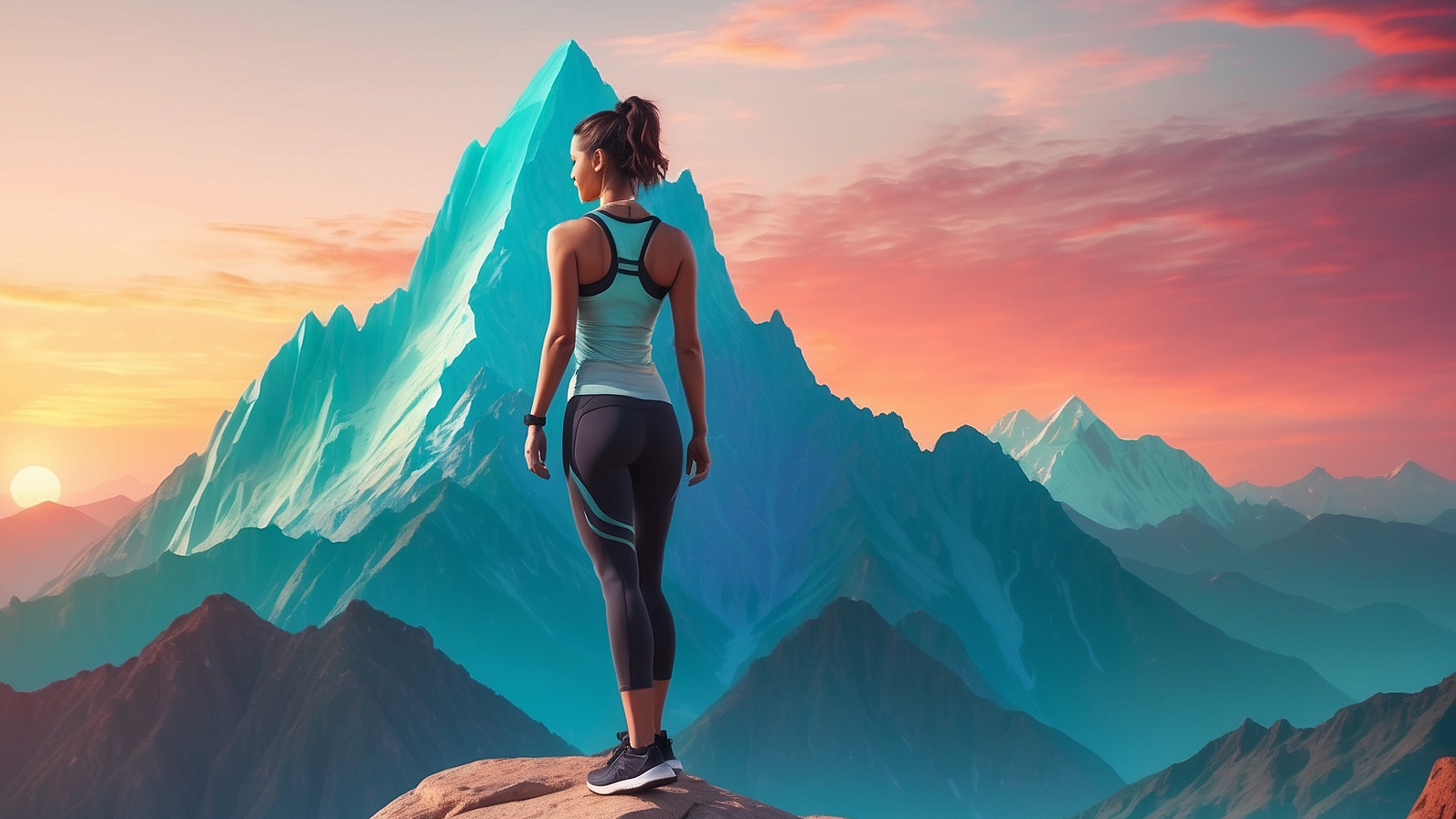 A woman in athletic wear stands atop a mountain peak overlooking a surreal landscape at sunrise