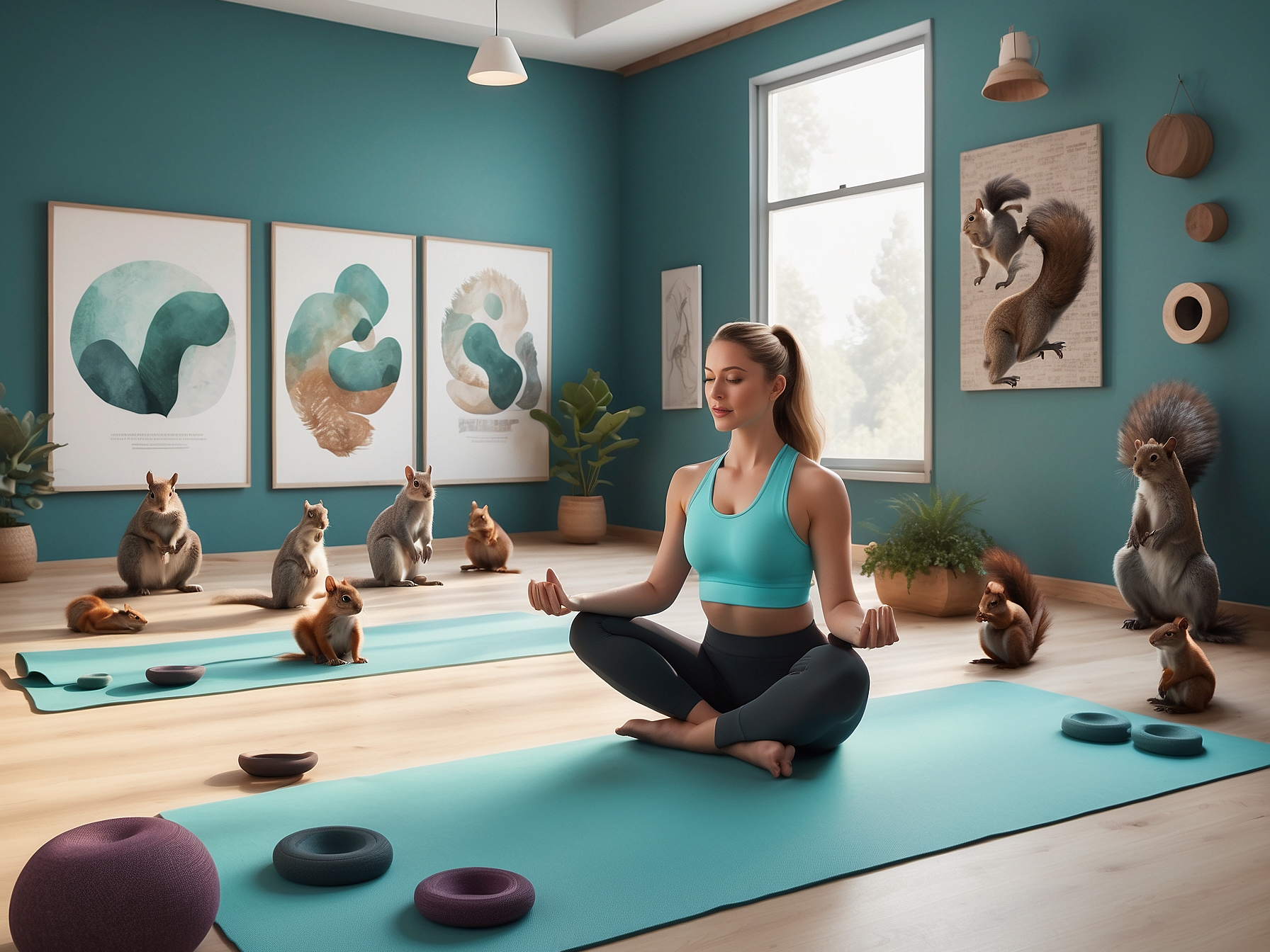 Woman practicing yoga in a serene room surrounded by playful squirrels, with sustainability-themed artwork on the walls.