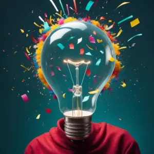 Creative representation of a light bulb exploding with colorful feathers and confetti against a dark background, symbolizing innovative blogging ideas