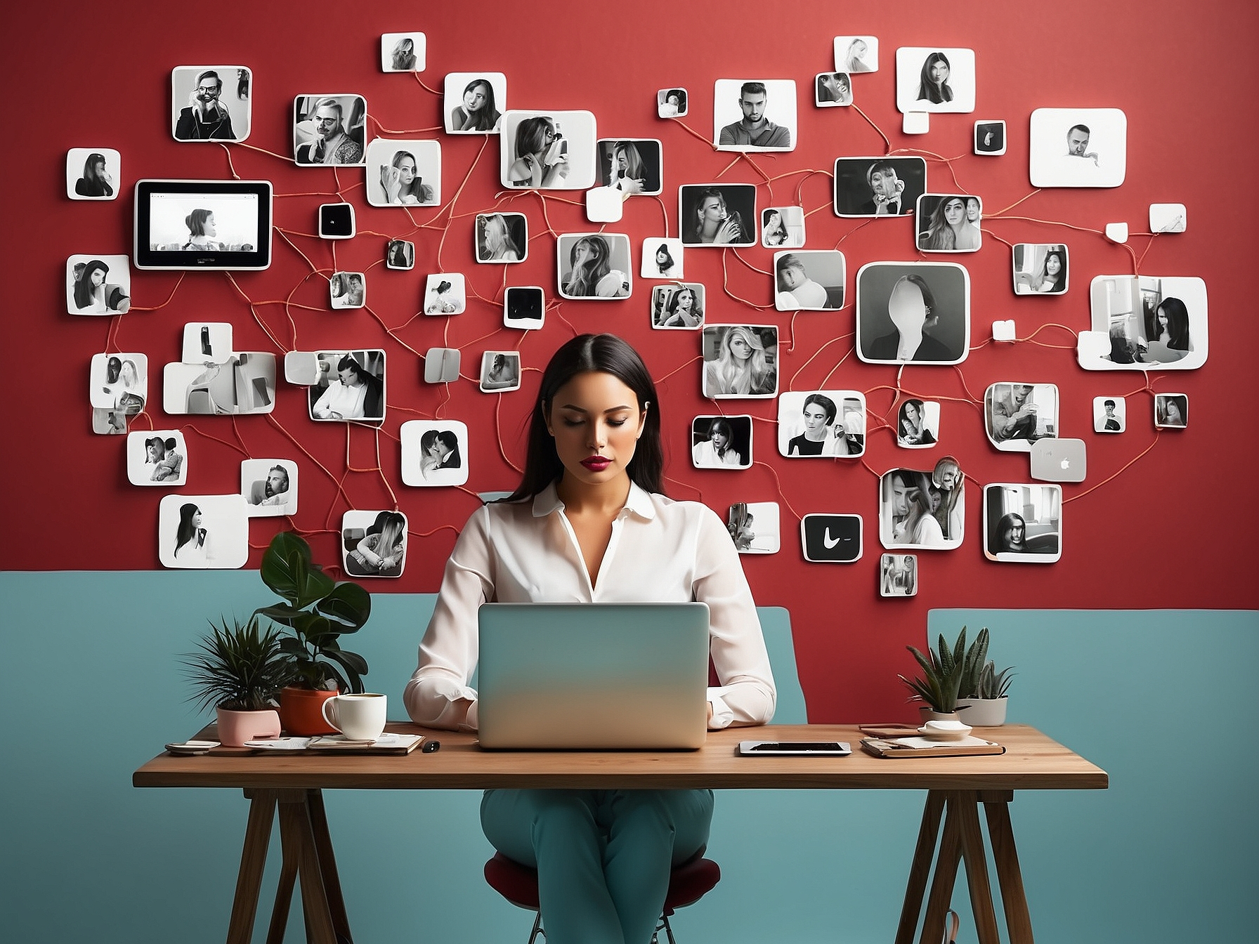 Woman at a desk with a laptop, managing social media connections displayed on a red background with interconnected photos