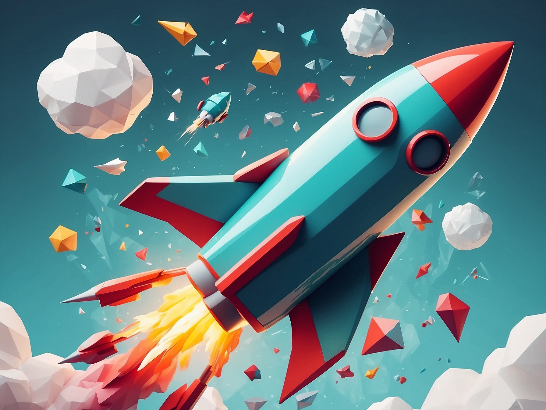 Colorful low-poly style rocket launching into the sky with geometric shapes around