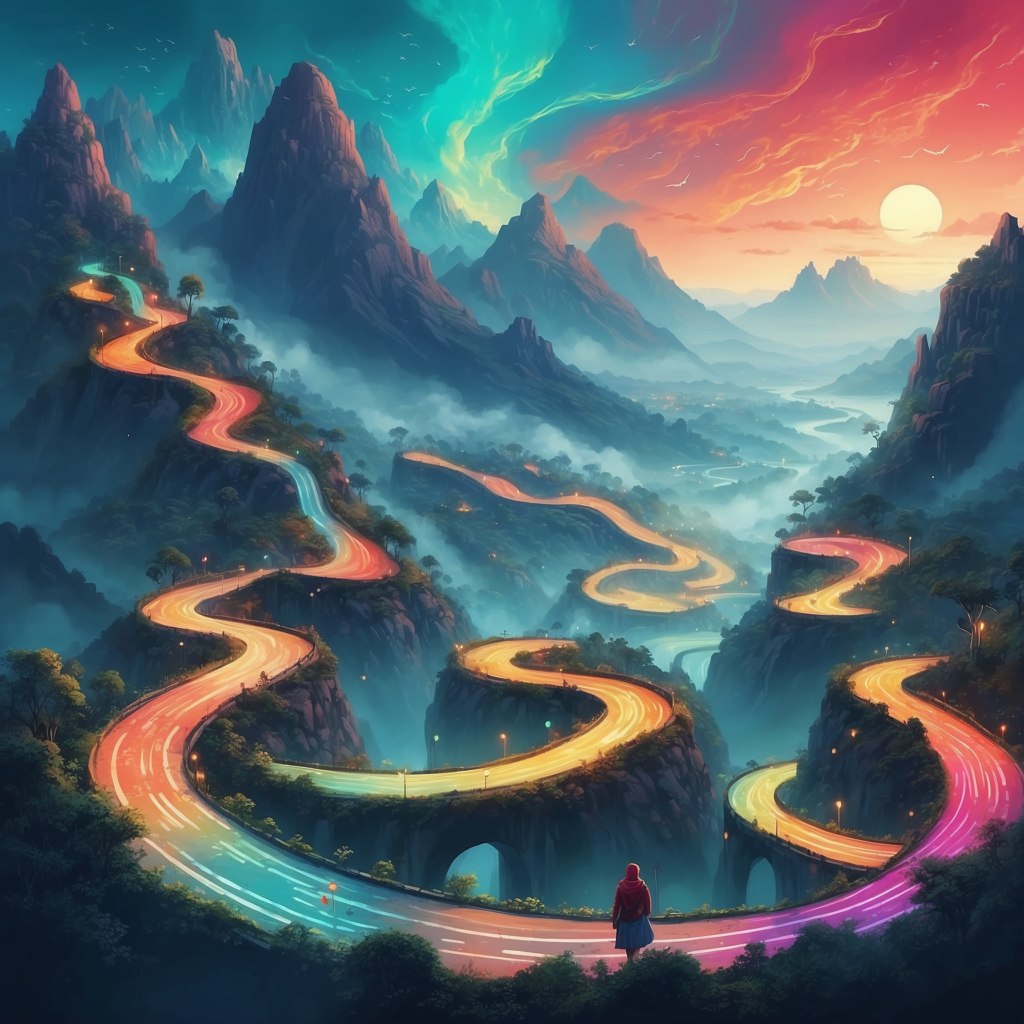 Vibrant and surreal illustration of a winding road forming a path through majestic mountains under a colorful sky, symbolizing a customer journey map