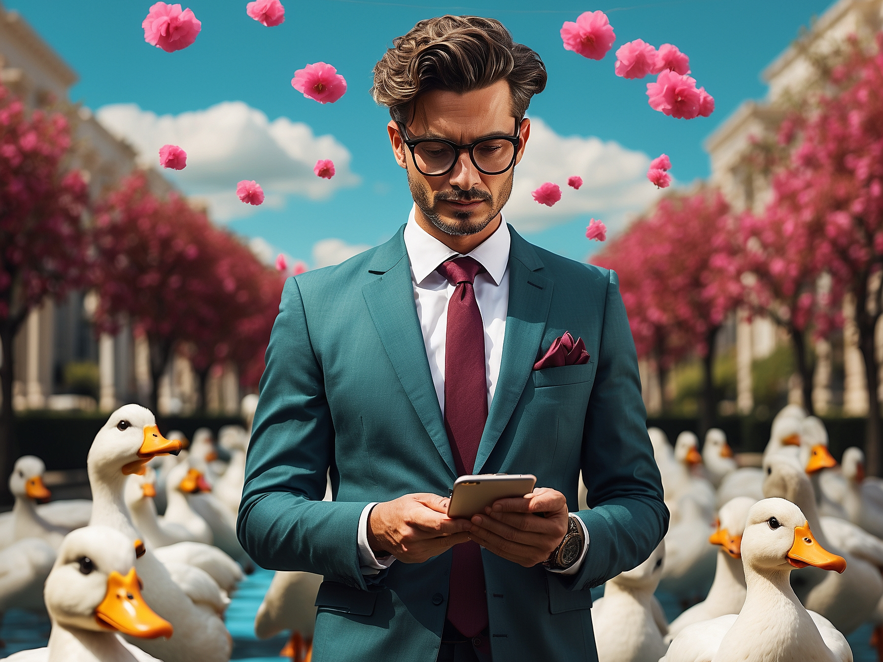 Professional man in a teal suit surrounded by ducks in an urban setting, focused on his smartphone