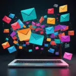 Colorful 3D envelopes bursting out of a laptop screen on a dark background, symbolizing dynamic email marketing