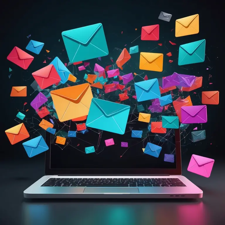 Colorful 3D envelopes bursting out of a laptop screen on a dark background, symbolizing dynamic email marketing