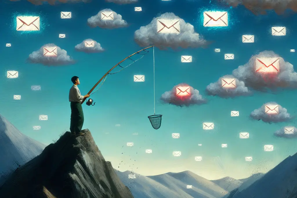 A man fishing emails from clouds atop a mountain, symbolizing creative email marketing strategies