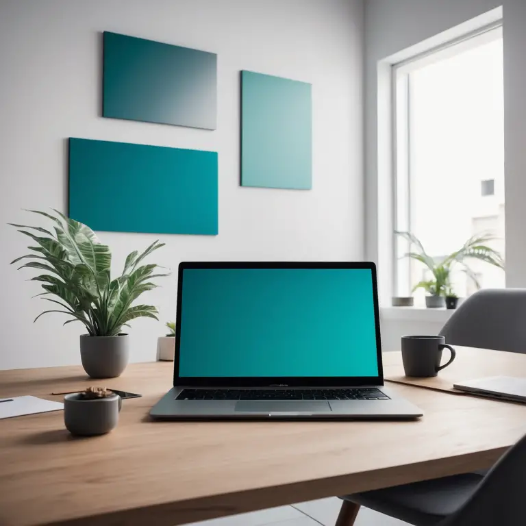 Modern workspace with an open laptop on a desk surrounded by minimalist decor