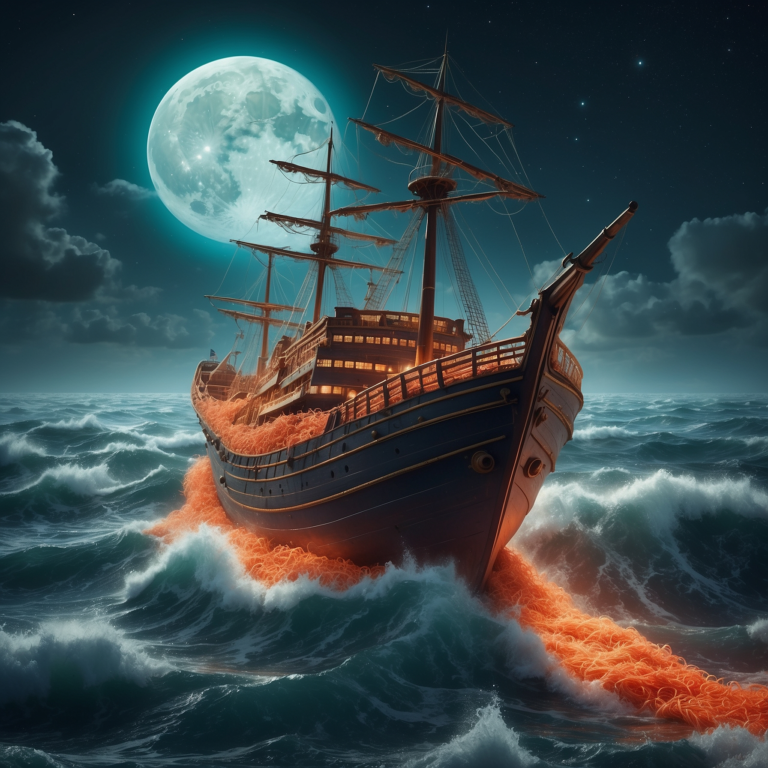 Surreal image of a vintage ship sailing on a glowing orange sea under a large moon at night