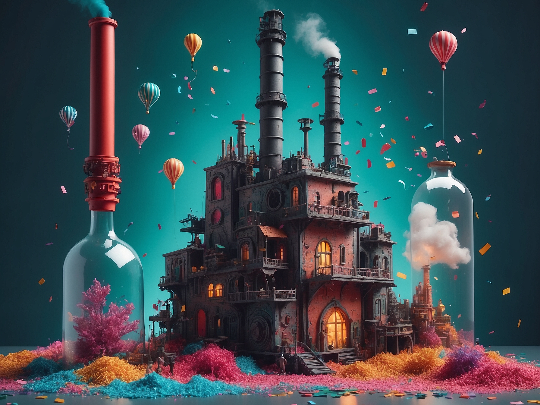 Surreal image depicting an industrial fantasy scene with buildings integrated into oversized bottles, surrounded by colorful foliage and whimsical balloons, symbolizing vertical integration in business