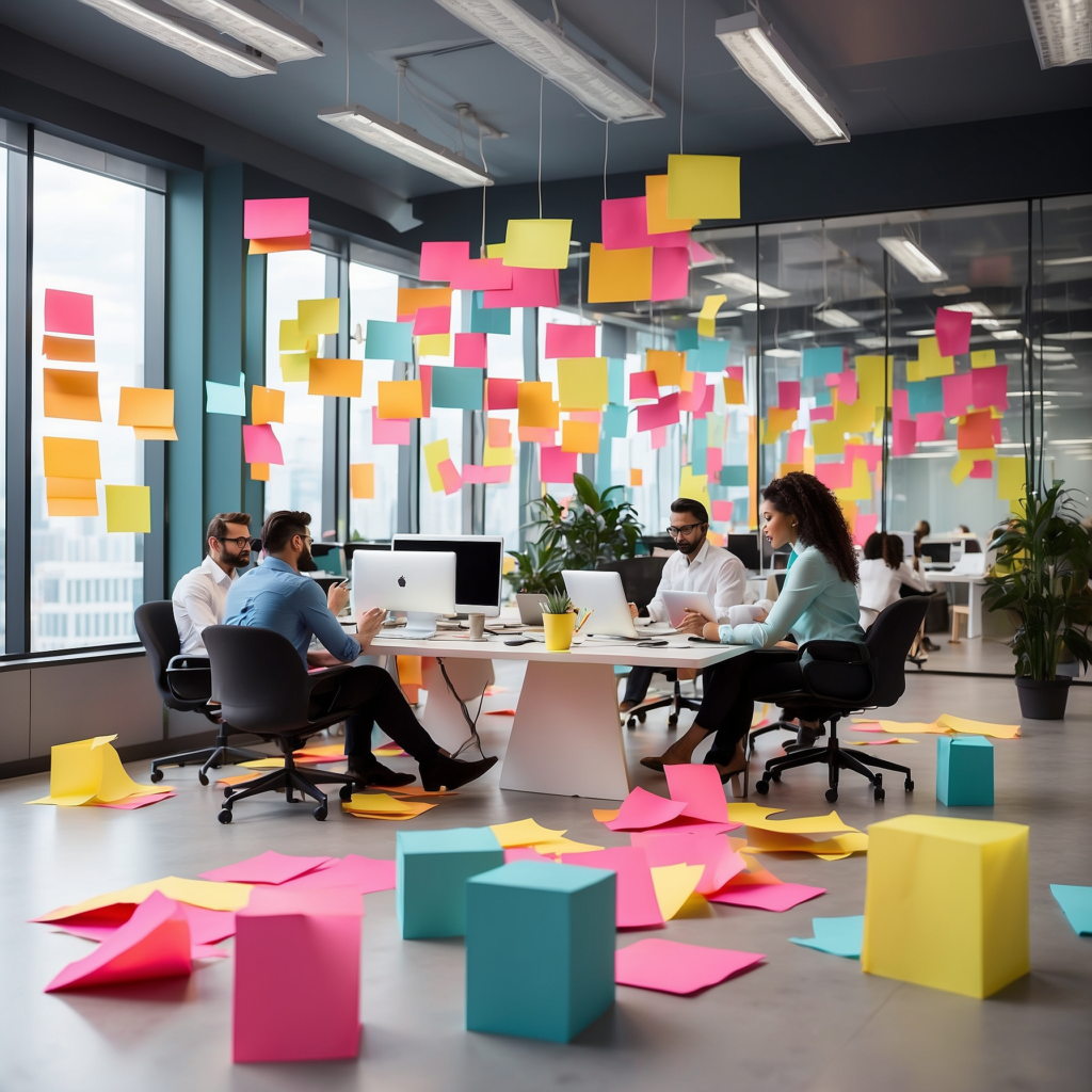 Dynamic startup team collaborating in an office filled with colorful sticky notes