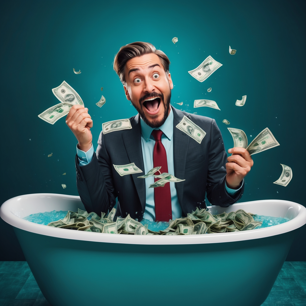 Joyful entrepreneur in a bathtub full of money, playfully throwing cash in the air